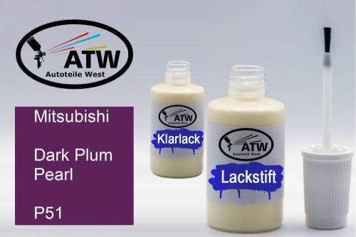 Mitsubishi, Dark Plum Pearl, P51: 20ml Lackstift + 20ml Klarlack - Set, von ATW Autoteile West.